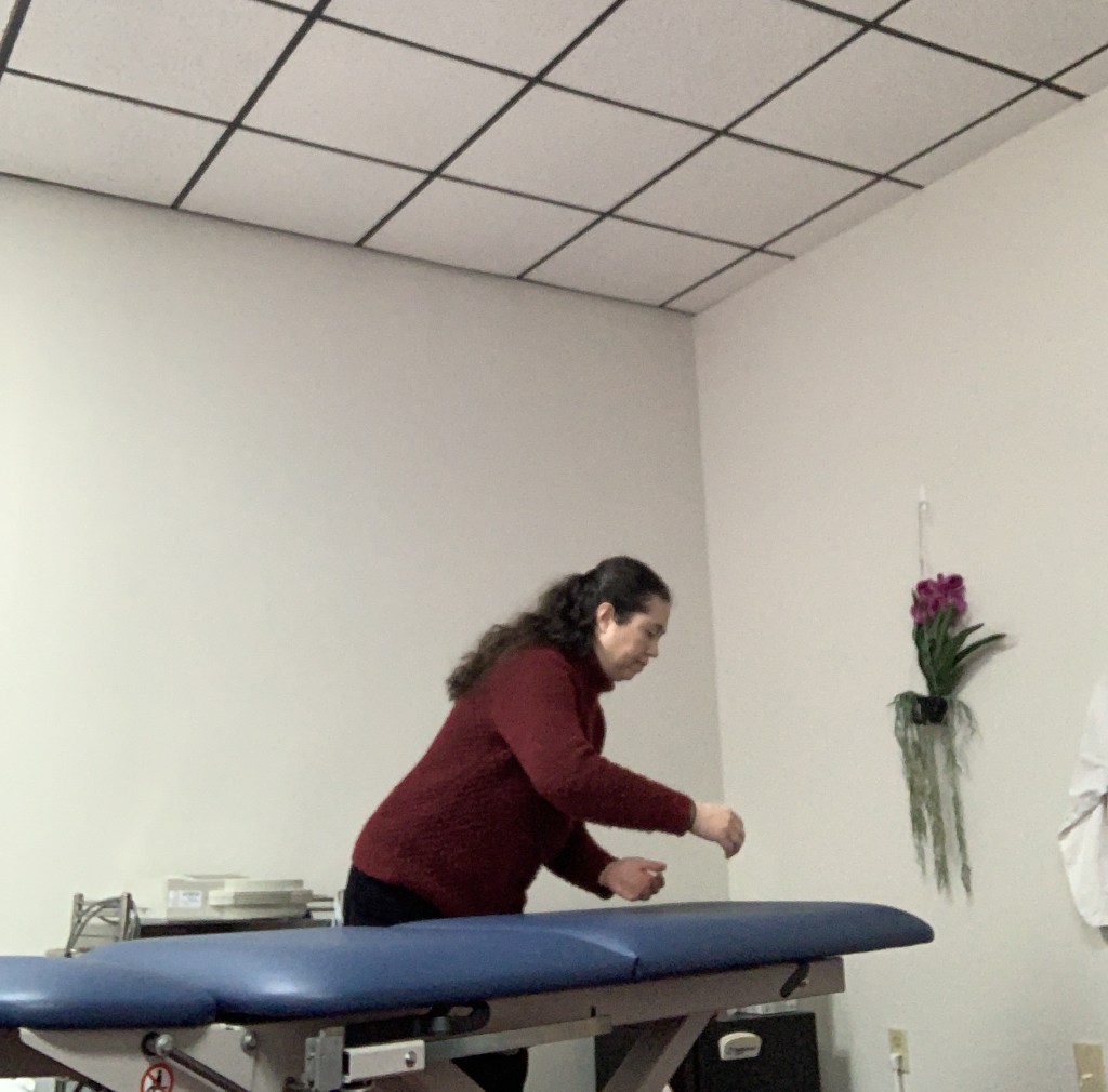Doctor leaning over exam table demonstrating osteopathic manipulation.  Patient absent.  Artificial vanda orchid hanging from adjacent wall.